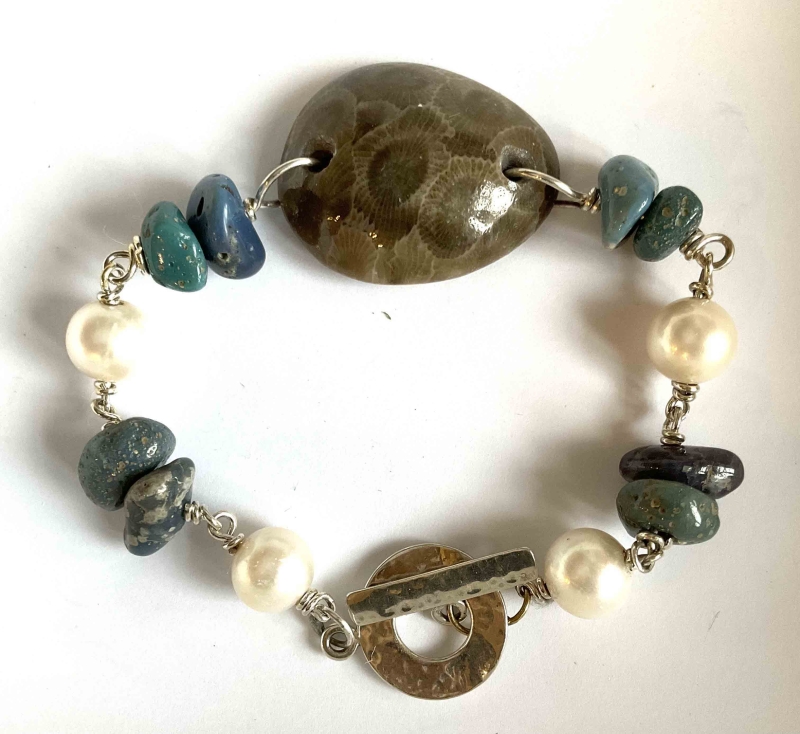 Petoskey stone, Leland Blue and pearl bracelet